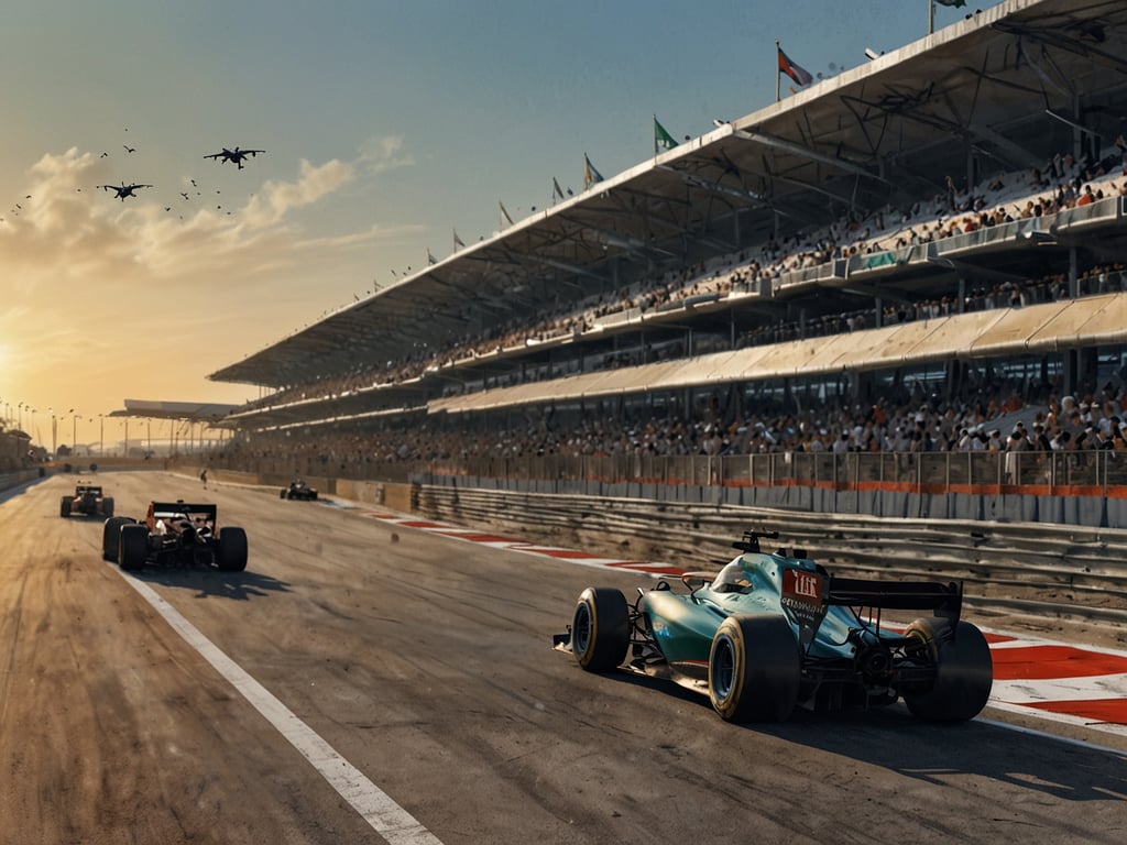 Auf dem Bild ist eine beeindruckende Szene vom Abu Dhabi Grand Prix 2024 zu sehen. Die Formel-1-Fahrzeuge fahren auf der Rennstrecke, während die Zuschauer auf den Tribünen die aufregenden Rennen verfolgen. Über dem Geschehen fliegen möglicherweise Militär- oder Sportflugzeuge, was die Atmosphäre unterstreicht. Der strahlende Himmel und der Sonnenuntergang verleihen der Szenerie ein feierliches Flair, das die europäische Elite in seinen Bann zieht. Es zeigt die Verbindung von Hochgeschwindigkeit und Luxus, die den Grand Prix zu einem besonderen Event im Rennkalender macht.