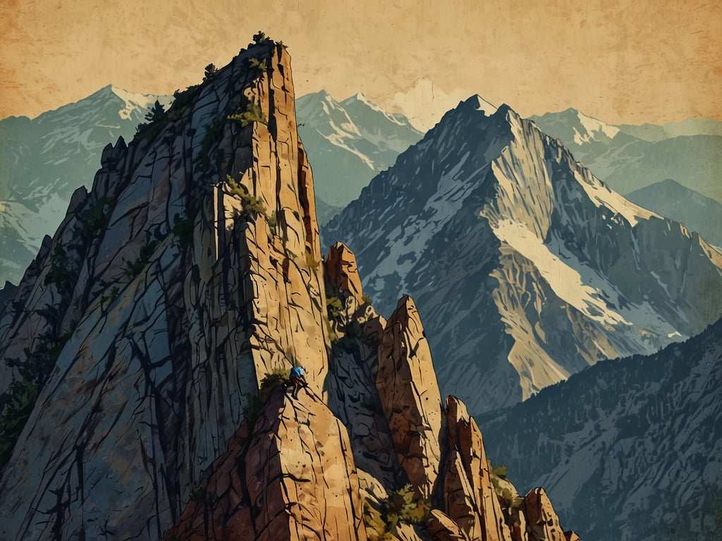 Auf dem Bild ist ein hoch aufragender Felsen zu sehen, an dem ein Bergsteiger mit blauer Ausrüstung klettert. Im Hintergrund erstrecken sich majestätische, schneebedeckte Berge unter einem warmen Himmel. Der perfekte Zeitpunkt für die Besteigung könnte hier die Morgen- oder Abenddämmerung sein, wenn das Licht die Landschaft in warmen Tönen erleuchtet und somit eine atemberaubende Kulisse schafft.