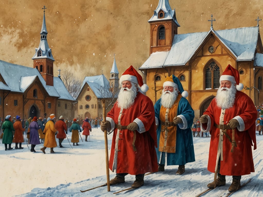 Auf dem Bild sind mehrere Figuren in Weihnachtsmannkostümen zu sehen, die durch eine verschneite Landschaft gehen. Im Hintergrund erkennt man eine malerische Stadt mit Kirchen und Häusern, die winterlich dekoriert sind. Diese Szenerie könnte auf besondere Events zur Adventszeit hinweisen, wie beispielsweise einen traditionellen Weihnachtsmarkt, wo Weihnachtsmänner Geschenke verteilen oder an einem Winterfest teilnehmen. Zudem könnte es eine Darstellung eines Nikolauslaufes oder ähnlicher festlicher Aktivitäten in der Weihnachtszeit sein, die Gemeinschaft und Freude symbolisieren.