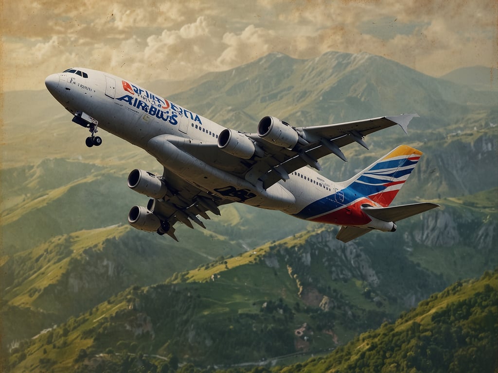 Auf dem Bild ist ein Flugzeug von Airbus zu sehen, das sich über eine bergige Landschaft erhebt. Es fliegt in einer steilen Position, was darauf hindeutet, dass es gerade startet oder manövriert. Die Farben und das Design des Flugzeugs sind markant und tragen das Logo von Airbus.