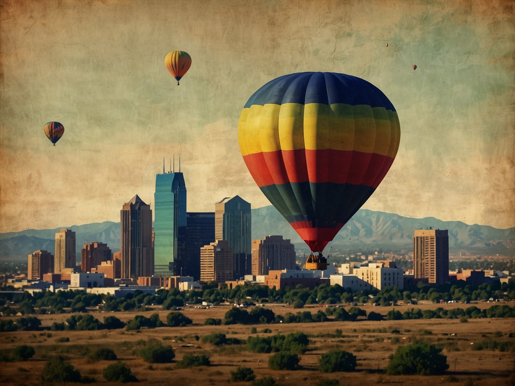 Das Bild zeigt eine malerische Aussicht auf die Stadt Albuquerque, die von bunten Heißluftballons überflogen wird. Im Vordergrund ist ein großer, gestreifter Heißluftballon zu sehen, während im Hintergrund die Skyline von Albuquerque mit modernen Gebäuden und den sanften Umrissen der umliegenden Berge steht. Die Szenerie strahlt eine friedliche und farbenfrohe Atmosphäre aus, die typisch für die beliebten Ballonfahrten in dieser Region ist.