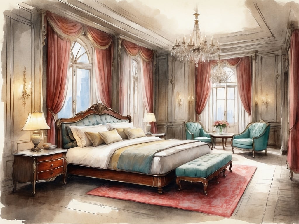 Auf dem Bild ist ein elegantes Schlafzimmer zu sehen, das einem luxuriösen Stil entspricht. Es gibt ein großes, gepolstertes Bett mit schönem Bettzeug und mehreren Kissen, die für Komfort sorgen. Neben dem Bett steht ein schmuckvoller Nachttisch mit einer Lampe und ein kleiner Hocker. 

In der Ecke stehen zwei stilvolle, gepolsterte Sessel in einer schönen Farbe, um einen kleinen Tisch herum, der eine Blumenvase enthält. Große Fenster mit schweren Vorhängen sorgen für viel Licht und einen Blick nach außen. Ein Kristalllüster hängt von der Decke und verleiht dem Raum eine elegante Atmosphären. 

Dies könnte eine der Suiten im ALDEN Suite Hotel darstellen, die für ihre geschmackvolle und luxuriöse Ausstattung bekannt sind.