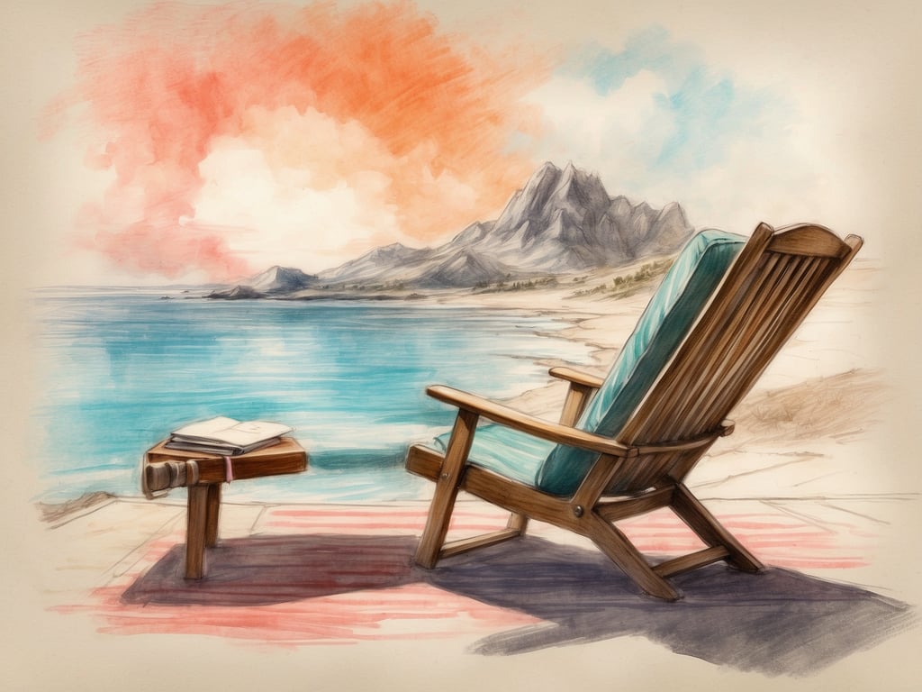 Auf dem Bild ist eine idyllische Szenerie zu sehen, die Entspannung und Wellness symbolisiert. Ein bequemer Liegestuhl steht am Ufer mit Blick auf das ruhige, blaue Wasser und die sanften Berge im Hintergrund. Auf einem Tisch neben dem Stuhl liegen Bücher, ideal für eine entspannende Lektüre während eines Wellness-Aufenthalts. Diese Szenerie könnte perfekt für einen Aufenthalt im ALDIANA CLUB sein, wo man die Ruhe und Schönheit der Natur genießen kann, während man sich verwöhnen lässt und die Seele baumeln lässt.