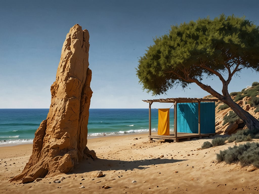 Auf dem Bild ist eine malerische Strandlandschaft zu sehen, die von goldenen Sandstränden und einem klaren blauen Ozean geprägt ist. Im Vordergrund steht ein großer Felsen, während im Hintergrund eine kleine, bunte Strandhütte mit fröhlichen Farben zu sehen ist. Einige Menschen sind am Strand sichtbar, die die Sonne und das Meer genießen. Diese Szenerie spiegelt perfekt den Charme der Algarve wider, die 2024 als beste Stranddestination der Welt ausgezeichnet wurde.