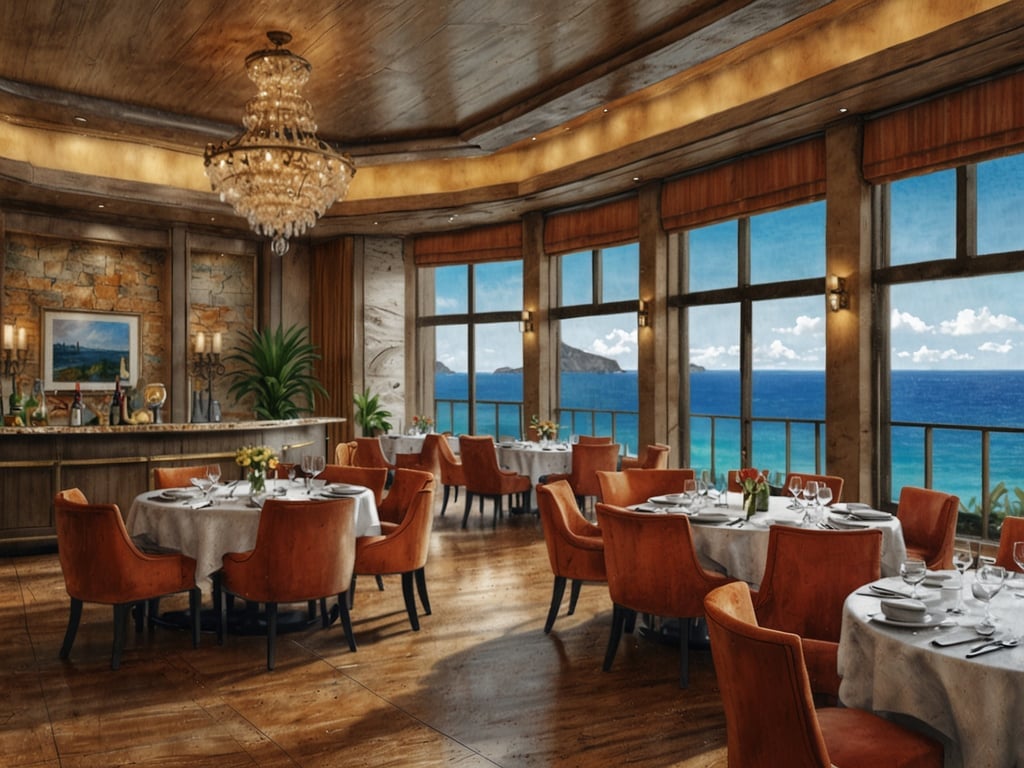 Auf dem Bild ist ein elegantes Restaurant zu sehen, das eine atemberaubende Aussicht auf das Meer bietet. Die Einrichtung ist geschmackvoll mit runden Tischen, eleganten Stühlen und einer stilvollen Beleuchtung durch einen Kronleuchter. Große Fenster lassen viel Tageslicht hinein und bieten einen Blick auf das Wasser. Das Ambiente scheint sehr einladend und luxuriös zu sein, ideal für ein All-inclusive-Erlebnis an Bord.