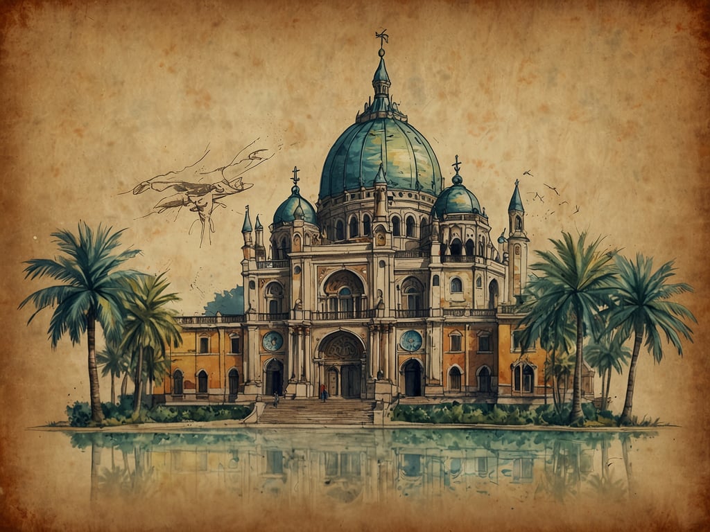 Auf dem Bild ist ein kunstvoll gezeichnetes Gebäude mit einer großen Kuppel und mehreren Türmen zu sehen. Die Architektur weist Elemente des historistischen Stils auf und erinnert an eine prunkvolle Fassade mit Bögen und Verzierungen. Um das Gebäude herum sind hohe Palmen platziert, die eine tropische Atmosphäre schaffen. Im Vordergrund spiegelt sich das Gebäude im Wasser, was die Komposition zusätzlich bereichert. Einige Vögel sind am Himmel dargestellt, was dem Bild eine lebendige Note verleiht. Der Hintergrund vermittelt eine alte, historische Stimmung durch die sepiafarbene Textur.