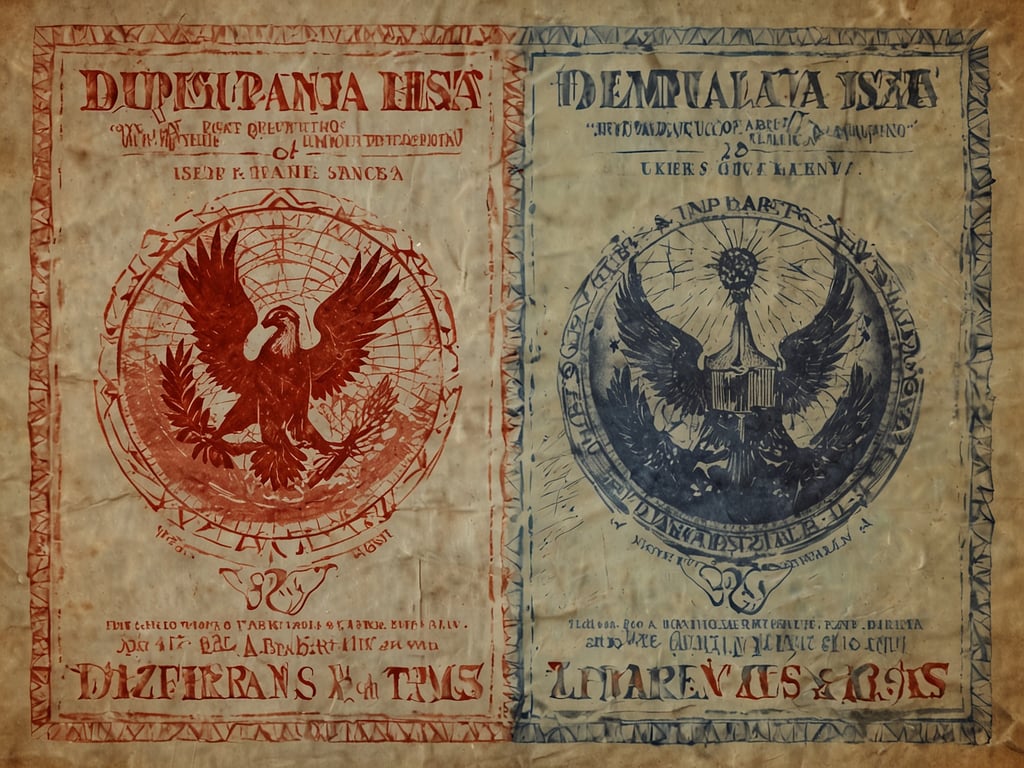 Auf dem Bild sind zwei etwa gleich große Dokumente oder Urkunden zu sehen, die eine alte Schriftart verwenden. Links ist ein roter Hintergrund mit einem Wappen, das einen Adler zeigt, der einen Olivenzweig trägt. Rechts ist ein blauer Hintergrund mit einem ähnlichen Wappen, in dem ebenfalls ein Adler zu sehen ist, der eine Art Musikinstrument hält. Die Dokumente sind vermutlich historische Schriftstücke, die mit einem bestimmten Land oder einer bestimmten Kultur verbunden sind. Die Ränder sind kunstvoll verziert und die Schrift ist in verschiedenen Farben gehalten.