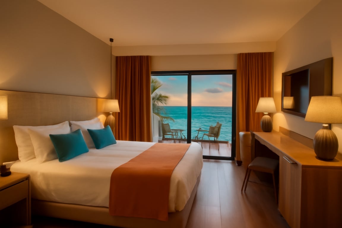 Helles Zimmer mit einem großen Bett, Schreibtisch und Meerblick durch die Fenster. Gemütliche Atmosphäre mit modernen Möbeln.
