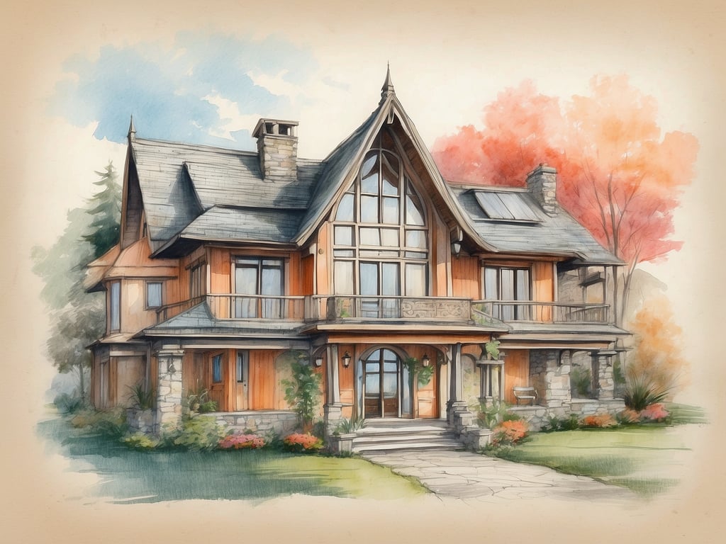 Auf dem Bild ist ein beeindruckendes und architektonisch reizvolles Haus zu sehen. Es hat mehrere Etagen, große Fenster und einen Balkon, der einen Blick in die Umgebung ermöglicht. Die Unterkunft scheint von einem gepflegten Garten umgeben zu sein, der mit bunten Blumen und Bäumen gestaltet ist. Die Architektur vermittelt eine gemütliche und einladende Atmosphäre, ideal für ein Zuhause oder eine Ferienunterkunft, in der man sich wohlfühlen kann. Es könnte verschiedene Zimmer wie Wohnräume, Schlafzimmer und eventuell auch Küchenräume geben.