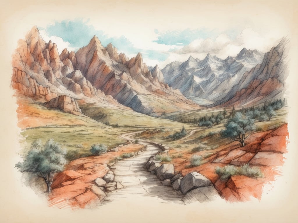Das Bild zeigt eine malerische Berglandschaft mit roten Felsen und schneebedeckten Gipfeln im Hintergrund. Diese Art von Landschaft erinnert an viele Nationalparks in den USA, wie den Zion-Nationalpark oder den Grand Canyon.

**Ausflugstipps in der Nähe:**

1. **Zion-Nationalpark** (Utah):
   - Wandern auf dem Angels Landing für spektakuläre Aussichten.
   - Erforschen der Natur auf den verschiedenen Wanderwegen wie dem Riverside Walk.

2. **Grand Canyon Nationalpark** (Arizona):
   - Genießen Sie atemberaubende Aussichten von den verschiedenen Aussichtspunkten.
   - Machen Sie eine geführte Tour oder eine Rafting-Tour auf dem Colorado River.

3. **Bryce Canyon Nationalpark** (Utah):
   - Bestaunen Sie die einzigartigen Hoodoos und genießen Sie die Wanderwege.
   - Nehmen Sie an einer gef guided Tour zum Sternenhimmel teil, da der Park ein Dark Sky Park ist.

Ideal für Naturliebhaber und Abenteuerlustige!
