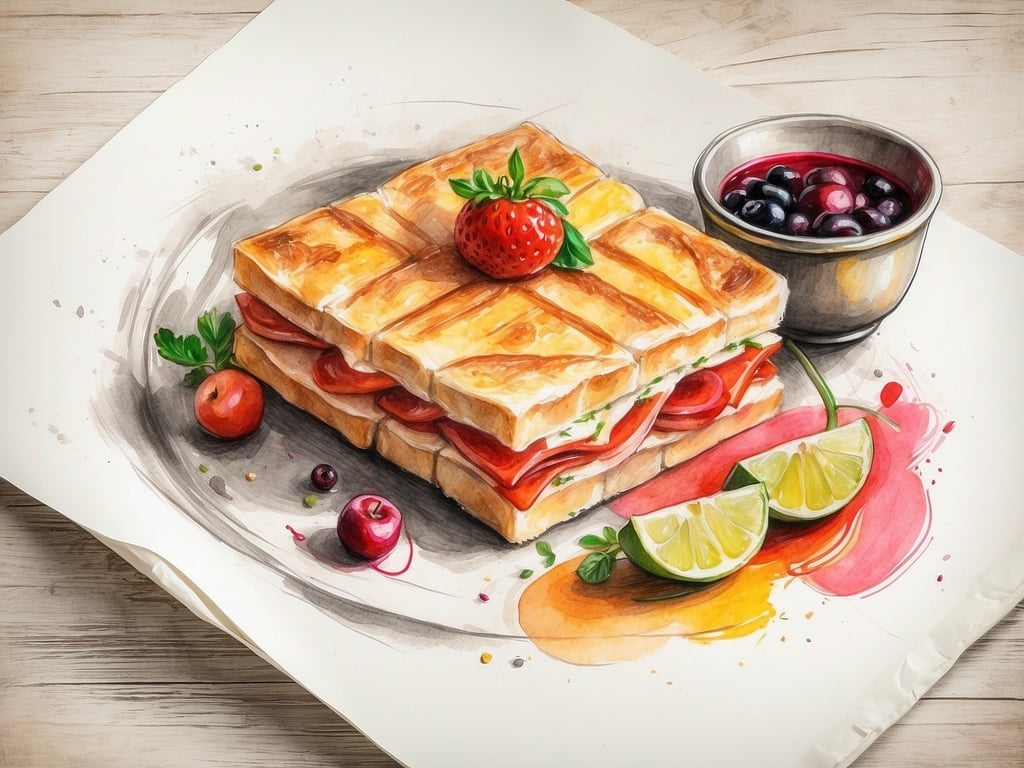 Auf dem Bild ist ein köstlich aussehendes Sandwich zu sehen, das in goldbraunem Brot zubereitet ist und mit herzhaftem Aufschnitt gefüllt ist. Dazu sind frische Zutaten wie eine Erdbeere, kleine Äpfel und Limettenscheiben arrangiert. Neben dem Sandwich befindet sich eine Schale mit einer fruchtigen Mischung aus Beeren. Das gesamte Arrangement verspricht ein verlockendes kulinarisches Erlebnis!