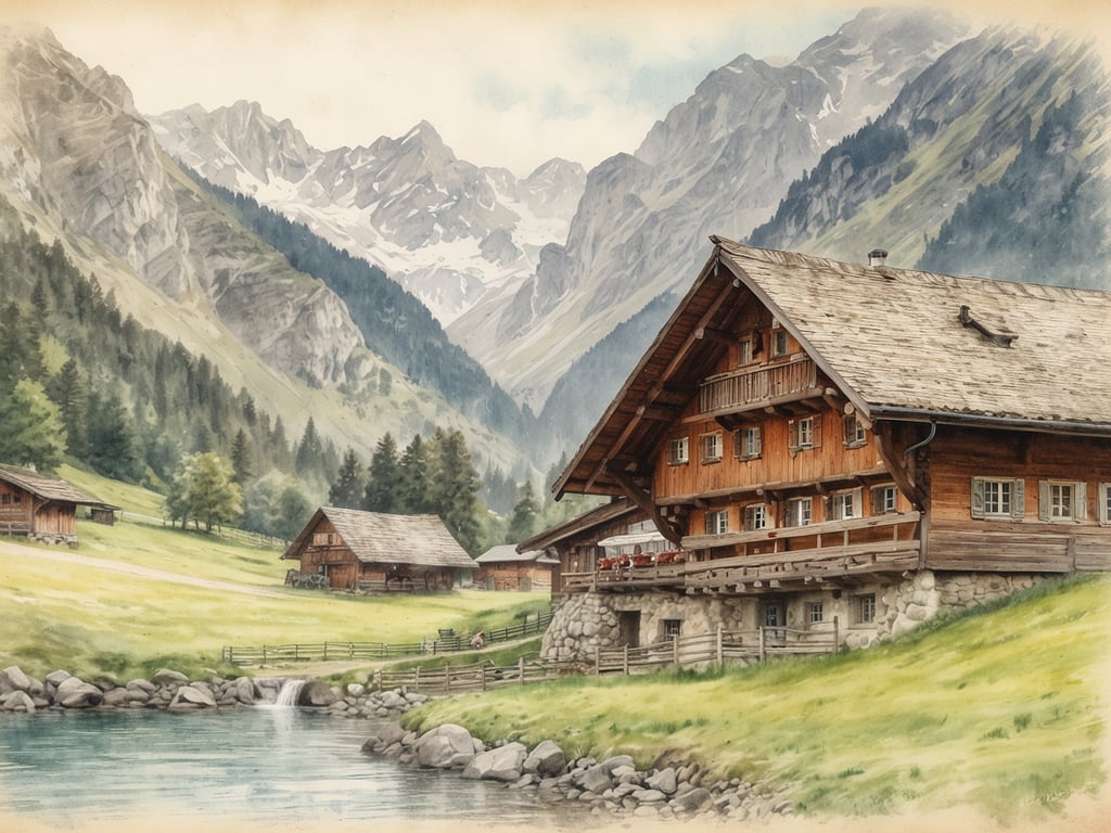 Auf dem Bild sieht man eine malerische Landschaft, die an die Idylle von Alpbach erinnert. Die Szene zeigt traditionelle Holzhäuser, die harmonisch in die alpine Umgebung integriert sind, umgeben von dichten Wäldern und majestätischen Bergen. Im Vordergrund fließt ein kleiner Bach, der den ruhigen Charakter der Natur unterstreicht. Diese Darstellung evoziert die charmante Atmosphäre von Alpbach, einem idyllischen Tiroler Dorf, das für seine Schönheit und traditioneller Architektur bekannt ist. 

Die Geschichte von Alpbach ist geprägt von einer tiefen Verbundenheit mit der Natur und einem engagierten Erhalt des kulturellen Erbes, was in diesem Bild wunderbar zur Geltung kommt.