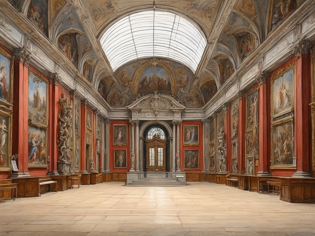 Auf dem Bild ist eine beeindruckende Kunstsammlung zu sehen, die sich in einem großen, lichtdurchfluteten Raum befindet. Die Wände sind mit üppigen Gemälden geschmückt, die historische oder mythologische Szenen darstellen. Die rot gestrichenen Wände heben die Kunstwerke hervor, während kunstvolle Stuckelemente und eine große Deckenmalerei das Ambiente bereichern. 

Ein Highlight des Raumes ist der zentral gelegene Eingangsbereich, der durch eine prächtige Tür und eine auffällige Treppe betont wird. Die gesamte Atmosphäre vermittelt ein Gefühl von Eleganz und Kunstsinn, was den Raum zu einem faszinierenden Ziel für Kunstliebhaber macht.