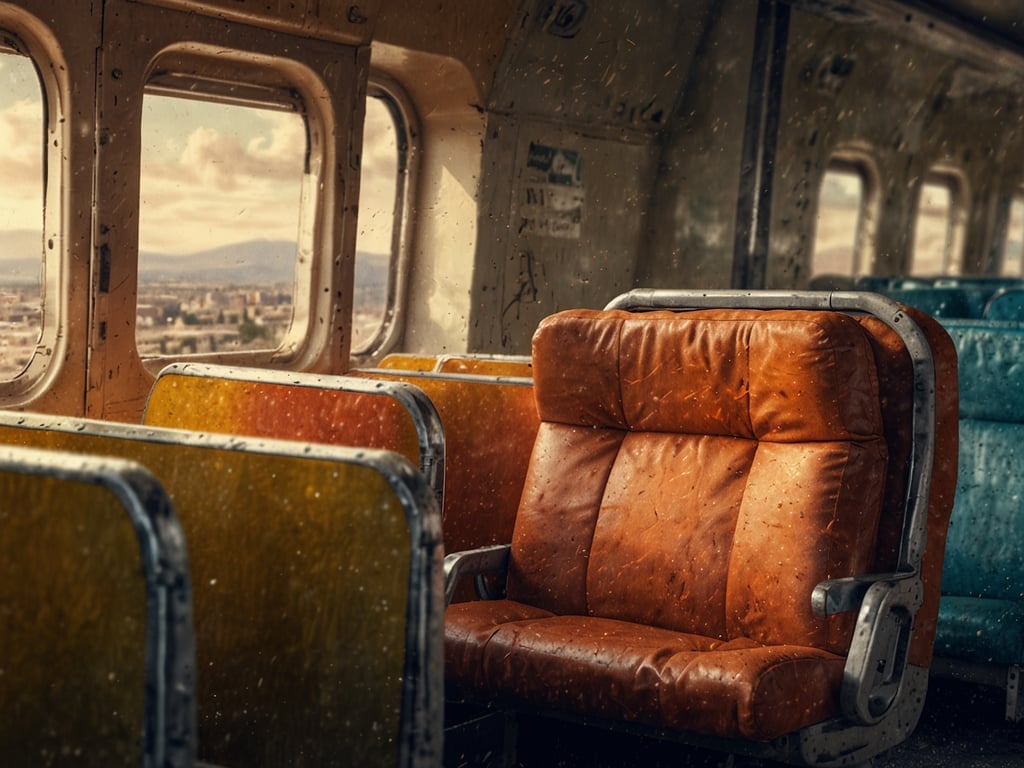Auf dem Bild ist das Innere eines alten Flugzeugs zu sehen, das mit bunten Sitzen ausgestattet ist. Die Fenster sind beschlagen, und es scheint, als ob es draußen regnet. 

**Anreise:** Um zu einem solchen Ort zu gelangen, könnte man den Flugzeugservice wählen, um nostalgische Erlebnisse oder Museumsflüge zu genießen. 

**Beste Reisezeit:** Die beste Reisezeit für solche Erlebnisse ist oft in den milderen Monaten, wie dem späten Frühling oder frühen Herbst, wenn das Wetter angenehmer ist und weniger Menschen reisen.