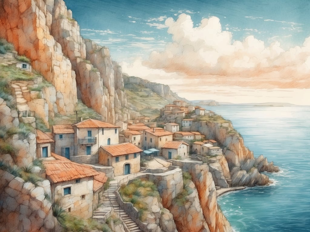 Auf dem Bild ist eine malerische Küstenlandschaft zu sehen, die an die Schönheit der Amalfiküste erinnert. Die Szenerie zeigt steile Klippen, die sich majestätisch über das blaue Wasser erheben, zusammen mit charmanten, kleinen Häusern, die den Hang hinuntergebaut sind. Die Dächer sind rot, und die Gebäude scheinen ursprünglich und traditionell zu sein, was dem Bild einen historischen Flair verleiht. Der Himmel ist mit sanften Wolken durchzogen, die das Licht auf die Landschaft reflektieren und die friedliche Atmosphäre der Küste unterstreichen.