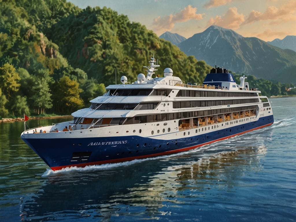 Auf dem Bild ist ein Kreuzfahrtschiff zu sehen, das auf einem ruhigen Gewässer fährt, umgeben von üppigem Grün und Bergen im Hintergrund. Das Schiff hat eine blaue und weiße Farbgestaltung und wirkt modern und elegant. 

In Bezug auf **AmaWaterways' Alex Pinelo neu im Vorstand des Travel Institute** könnte man sagen, dass das Wachstum und die Entwicklung der Kreuzfahrtbranche, wie durch solche Schiffe symbolisiert, auch durch innovative Führungsansätze wie den von Alex Pinelo gefördert werden.
