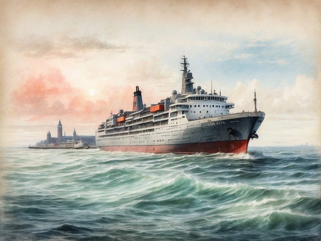 Auf dem Bild ist ein großes Schiff zu sehen, das auf einem Wasserweg fährt, mit einer Küstenlinie im Hintergrund. An welchem Meer liegt Hamburg? Hamburg liegt an der Elbe, die in die Nordsee mündet.