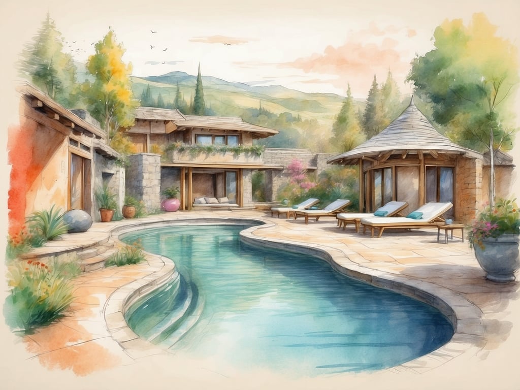 Auf dem Bild ist eine entspannende Poollandschaft zu sehen, die von einem angenehmen, natürlichen Umfeld umgeben ist. Es gibt mehrere Liegen am Wasser, die ideal sind, um die Sonne zu genießen und sich zu entspannen. Die architektonischen Elemente aus Holz und Stein verleihen dem Bereich einen rustikalen Charm, während die Pflanzen und Blumen für eine angenehme Atmosphäre sorgen. Diese Umgebung eignet sich hervorragend für verschiedene Freizeit- und Wellnessangebote, wie zum Beispiel Yoga am Pool, Massagen im Freien oder einfach nur für ruhige Momente der Erholung. Ideal für alle, die eine Auszeit vom Alltag suchen.