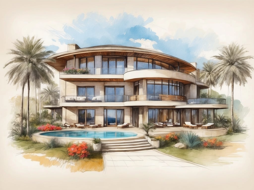 Auf dem Bild ist eine künstlerische Darstellung eines modernen, mehrstöckigen Gebäudes zu sehen, das wohl einem luxuriösen Hotel oder Resort ähnelt. Es hat große Fenster und Balkone, die eine großzügige Sicht nach außen bieten. Der Außenbereich ist mit Palmen und bunten Blumen gestaltet, und es gibt einen Pool, der das Gebäude umgibt.

Das Andino Club Hotel ist bekannt für seine exklusive Lage und hohen Standard, ideal für Erholung und Luxusurlaub. Es bietet eine Vielzahl von Annehmlichkeiten, darunter Spas, Restaurants und Freizeitmöglichkeiten, die auf die Bedürfnisse der Gäste zugeschnitten sind. Die Architektur spiegelt einen eleganten und modernen Stil wider, der sowohl Komfort als auch ästhetische Ansprüche erfüllt.