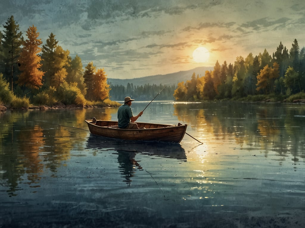 Auf dem Bild ist ein Angler zu sehen, der in einem kleinen Boot auf einem ruhigen Gewässer fischt. Im Hintergrund gibt es eine schöne Landschaft mit Bäumen, die in verschiedenen Herbstfarben leuchten. Die Sonne steht tief am Himmel und reflektiert sich im Wasser, was eine friedliche und malerische Atmosphäre schafft.