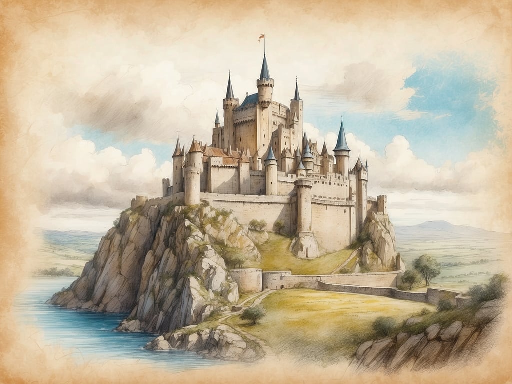 Auf dem Bild ist eine majestätische Burg zu sehen, die auf einem hohen Felsen thront. Die Architektur erinnert an die romantischen Ideale des Mittelalters mit vielen Türmen, Zinnen und einem imposanten Hauptgebäude. Die spitzen Dächer und die Vielzahl an Fenstern verleihen der Burg eine geheimnisvolle Atmosphäre. Die Burg könnte den Einfluss von Burg Angera widerspiegeln, die ebenfalls charakteristische Elemente wie Ecktürme und gut befestigte Mauern aufweist. Die umgebende Landschaft mit Wasser und sanften Hügeln verstärkt die malerische Kulisse und lässt die Burg noch beeindruckender erscheinen.