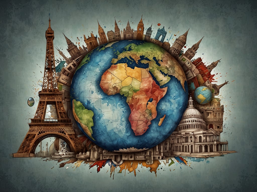 Auf dem Bild ist eine künstlerische Darstellung der Erde zu sehen, umgeben von bedeutenden Wahrzeichen aus verschiedenen Ländern, wie dem Eiffelturm und dem Big Ben. Diese Darstellung symbolisiert die politische Landschaft der Welt, indem sie verschiedene Kulturen und nationale Identitäten visuell miteinander verbindet. Die Erde im Zentrum könnte für die globale Vernetzung und die Herausforderungen der internationalen Politik stehen, während die Wahrzeichen auf die jeweiligen kulturellen und politischen Identitäten der Nationen hinweisen.