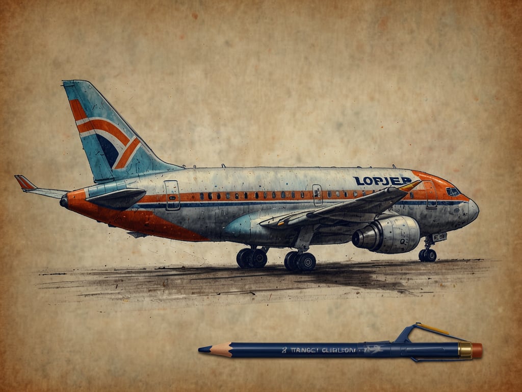Auf dem Bild ist ein Flugzeug zu sehen, das in einem künstlerischen Stil dargestellt ist. Es hat eine orange und blaue Farbgebung mit dem Schriftzug 