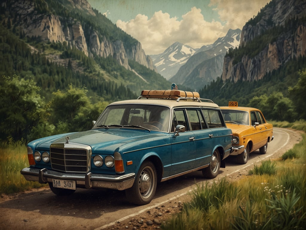 Auf dem Bild ist eine Anreise zu sehen, die von zwei Autos auf einer kurvenreichen Landstraße in einer malerischen Berglandschaft begleitet wird. Das erste Auto, ein blaues Kombi, hat ein Dachgepäckträger, während das zweite Auto, ein gelbes Taxi, hinter ihm fährt. Die Umgebung ist grün und bergig, mit hohen Bergen und einem klaren Himmel im Hintergrund.
