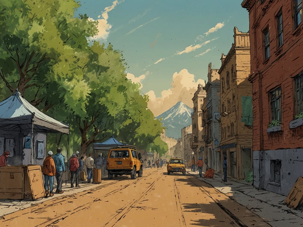 Auf dem Bild ist eine belebte Straße in einer Stadt zu sehen, umgeben von Bäumen und historischen Gebäuden. Es gibt Stände, an denen Menschen warten, sowie Fahrzeuge, darunter ein gelbes Taxi. Im Hintergrund erhebt sich ein schneebedeckter Berg, was auf eine wunderschöne Landschaft hinweist. Die Atmosphäre wirkt einladend und lebhaft, ideal für einen Anreisetag.