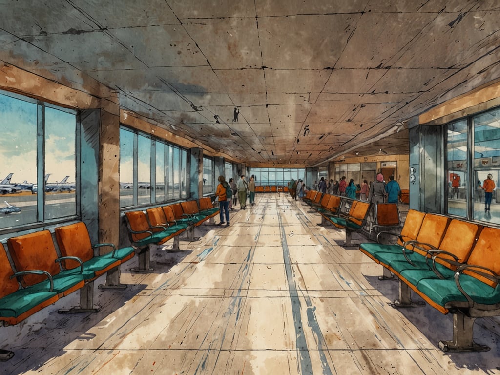 Auf dem Bild ist ein gewaltiger Warteraum in einem Flughafen zu sehen. Es gibt orangefarbene und grüne Sitzbänke, die entlang der Fenster angeordnet sind, durch die man diese Aussicht auf Flugzeuge und die Startbahn hat. Außerdem sind einige Reisende zu erkennen, die auf ihren Anschlussflug warten. Die Atmosphäre wirkt hell und einladend, und es gibt viele Fenster, die viel Tageslicht hereinlassen.