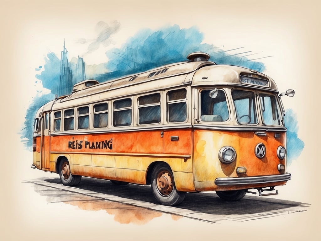 Auf dem Bild ist ein vintage Bus zu sehen, der in orange und weiß gestaltet ist. Der Bus trägt die Aufschrift 