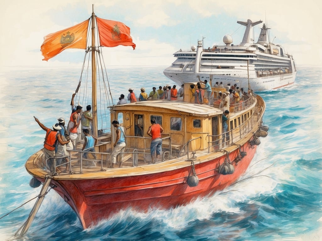 Auf dem Bild sieht man ein traditionelles Boot, das auf dem offenen Meer fährt, während ein großes Kreuzfahrtschiff im Hintergrund sichtbar ist. Die Menschen auf dem Boot scheinen damit beschäftigt zu sein, sich für eine Reise vorzubereiten oder mit der Crew zu interagieren.

Bei Kreuzfahrten im Arabischen Meer gibt es viele abenteuerliche Aktivitäten, die man erleben kann, wie zum Beispiel:

1. **Schnorcheln** (غوص): Die farbenfrohe Unterwasserwelt erkunden.
2. **Wüstensafaris** (رحلات في الصحراء): Abenteuerliche Touren durch die Wüste, oft mit Dune-Buggy-Fahrten.
3. **Angeln** (صید): Hochseefischen, um verschiedene Fischarten zu fangen.
4. **Tauchen** (غوص السكوبا): Für die Erkundung faszinierender Korallenriffe.
5. **Besichtigungen von historischen Stätten** (جولات تاريخية): Besuch von kulturellen und historischen Sehenswürdigkeiten an den Küstenorten. 

Diese Aktivitäten bieten eine Mischung aus Abenteuer und Erholung während einer Kreuzfahrt im Arabischen Meer.