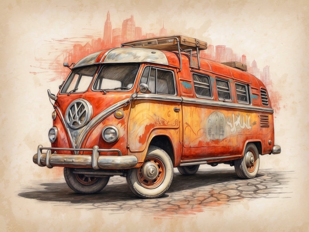 Auf dem Bild ist ein farbenfroher VW-Bus zu sehen, der in einem einzigartigen Retro-Stil gestaltet ist. Die Karosserie ist in einer lebhaften orangefarbenen Farbe gehalten, die mit einer leichten Patina und verschiedenen Graffiti-Elementen verziert ist, was dem Fahrzeug einen belebten, abenteuerlichen Charakter verleiht. 

Der Bus hat eine typische geschwungene Form, die ihm ein nostalgisches Aussehen verleiht. Die großen Fenster, die von einem charakteristischen Kantenprofil umgeben sind, vermitteln ein Gefühl von Weite und Freiheit. Auf dem Dach des Fahrzeugs befindet sich ein Holzkasten, der zusätzlichen Stauraum suggeriert und den Reisekomfort unterstreicht. 

Im Hintergrund sind verschwommene Silhouetten von Hochhäusern zu sehen, die einen urbanen Kontext schaffen und dem Bild eine dynamische Atmosphäre verleihen. Die gesamte Darstellung hat einen künstlerischen, illustrativen Stil, der die Anziehungskraft und das Abenteuer eines Roadtrips mit diesem ikonischen Fahrzeug einfängt.