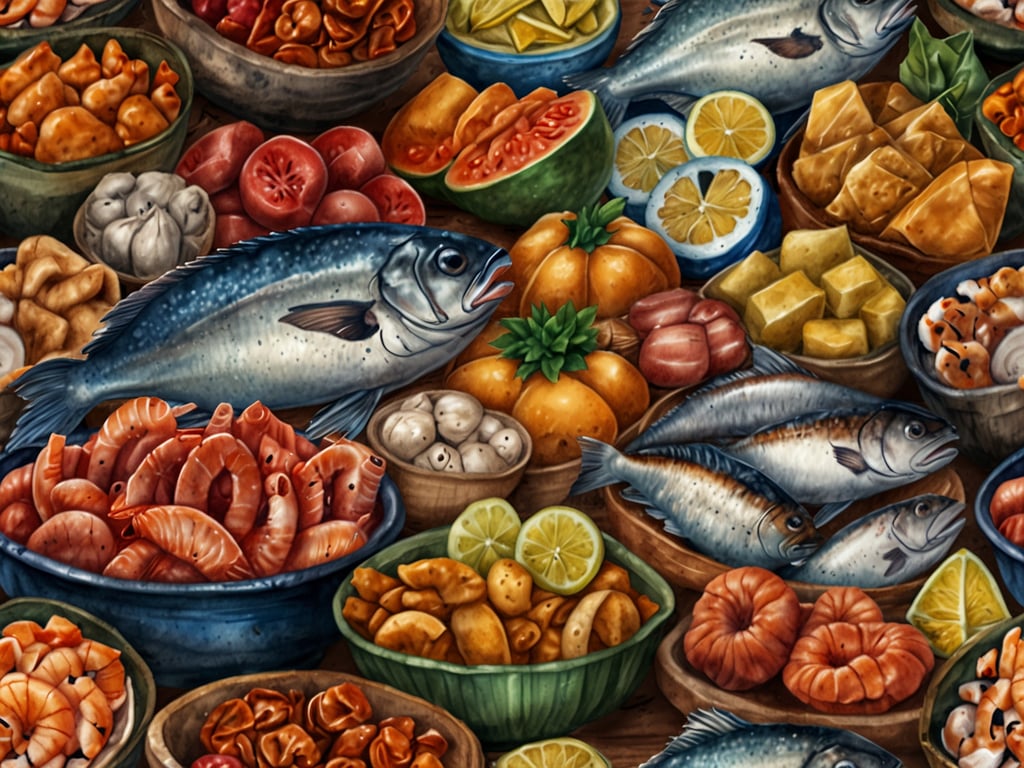 Auf dem Bild sind verschiedene Meeresfrüchte und frisches Gemüse zu sehen, die typisch für kulinarische Entdeckungen in Afrika sind. Es sind zahlreiche Schalen mit Garnelen, Fischen, und einer Vielzahl von Obstsorten wie Zitrusfrüchten und Melonen arrangiert. Diese Vielfalt zeigt die reiche gastronomische Kultur des Kontinents, die durch frische Zutaten und regionale Spezialitäten geprägt ist. Solche Speisen sind oft in traditionellen Märkten zu finden und spiegeln die Vielfalt der afrikanischen Küche wider.
