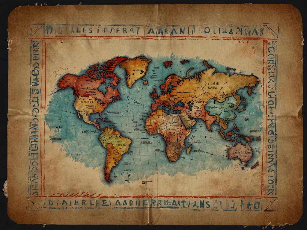 Auf dem Bild ist eine alte Weltkarte zu sehen. Die Karte zeigt verschiedene Länder und Kontinente in bunten Farben und hat eine antiquarische, verwitterte Optik. Solch eine Karte könnte ideal sein, um die Reiseziele, die man mit einem Around-the-World-Ticket besucht, zu planen und zu visualisieren. Sie gibt einen guten Überblick über die gesamte Erde und die verschiedenen Regionen, die erkundet werden können.