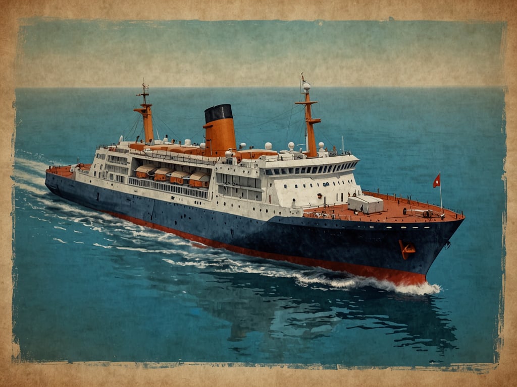 Auf dem Bild ist ein Schiff zu sehen, das auf dem Wasser fährt. Es handelt sich wahrscheinlich um ein Passagierschiff, das für die Atlantiküberquerung genutzt werden könnte. Die Farben und der Stil des Schiffs erinnern an klassische Transatlantikverbindungen.