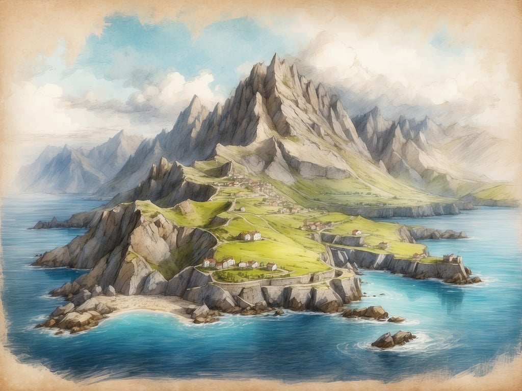Auf dem Bild ist eine malerische Landschaft mit Bergen, Küstenlinien und einem ruhigen Ozean zu sehen. Es scheint, als ob es sich um eine grüne Insel handelt, die einige Siedlungen entlang der Küste hat.

Island liegt auf dem Kontinent Europa.