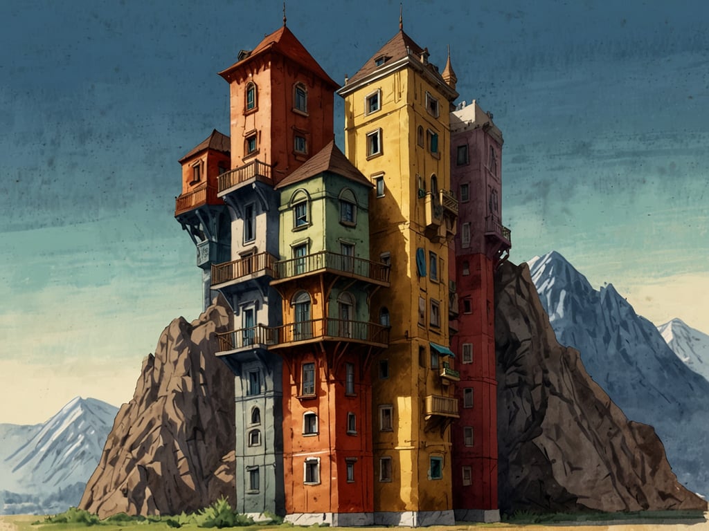 Auf dem Bild ist ein außergewöhnliches Gebäude zu sehen, das aus mehreren bunten Türmen besteht und auf einem großen Felsen steht. Die Architektur ist unkonventionell, und die einzelnen Etagen scheinen unterschiedlich geformt und gefärbt zu sein. Im Hintergrund erhebt sich eine beeindruckende Berglandschaft, die dem Szene eine malerische Kulisse verleiht. Die Aufenthaltsdauer in diesem faszinierenden, fantasievollen Gebäude könnte eine Inspiration für Geschichten oder Träume bieten. Es scheint ein Ort zu sein, der Kreativität und Abenteuerlust anregt.