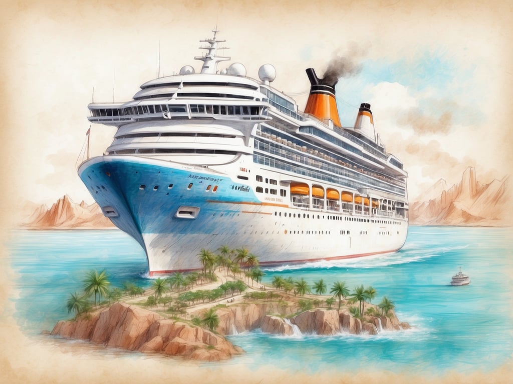 Auf dem Bild ist ein großes Kreuzfahrtschiff zu sehen, das majestätisch in einer tropischen Umgebung vor Anker liegt. Um das Schiff herum sind Palmen und eine kleine Insel zu sehen, die eine entspannte Urlaubsatmosphäre vermittelt. Die Szenerie ist auf das Hochsommer-Abenteuer ausgelegt, das für Kreuzfahrer attraktiv ist, da viele Reisende in dieser Zeit die Wärme und die Strände suchen. Kreuzfahrtschiffe bieten spannende Reisen zu exotischen Destinationen, und dieses Bild spiegelt die Freude am Reisen und Entdecken neuer Orte wider.