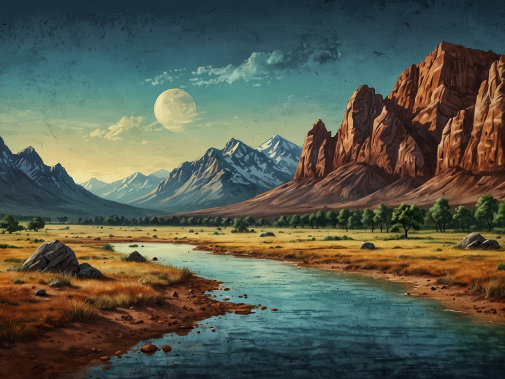 Auf dem Bild ist eine malerische Landschaft zu sehen. Im Vordergrund fließt ein ruhiger Fluss, der von goldenem Gras und großen Steinen umgeben ist. Die Landschaft wird von majestätischen Bergen und ihren schneebedeckten Gipfeln im Hintergrund flankiert. Der Himmel hat eine sanfte Farbpalette mit Wolken und einem großen Mond, der eine besondere Atmosphäre schafft. Dies wäre der ideale Ort für einen Ausflug in die Natur, um die Ruhe und Schönheit der Umgebung zu genießen.