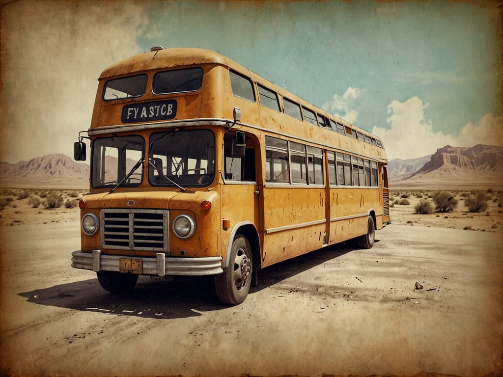 Auf dem Bild ist ein alter, gelber Doppeldeckerbus zu sehen, der in einer trockenen, abgelegenen Landschaft steht. Die Umgebung wirkt eher karg, mit wenigen Pflanzen und Bergen im Hintergrund. Solche Busse erinnern oft an Abenteuerreisen und Auslandsreisen, bei denen man entlegene Orte erkunden kann. Der Bus scheint schon einige Jahre auf dem Buckel zu haben, was ihm einen nostalgischen Charme verleiht.