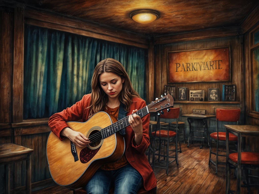Auf dem Bild sieht man eine junge Frau, die in einem gemütlichen Raum mit Holzverkleidung Gitarre spielt. Der Raum scheint eine intime Atmosphäre zu haben, ähnlich wie viele der besten Live-Musik Venues in Austin. Orte wie 