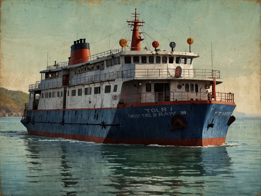 Auf dem Bild ist eine Autofähre zu sehen, die durch ruhiges Wasser fährt. Das Schiff hat eine auffällige Farbgestaltung mit einer Kombination aus Blau, Weiß und Rot. Es scheint eine ältere Fähre zu sein, die möglicherweise Passagiere und Fahrzeuge transportiert. Im Hintergrund sind sanfte Hügel zu erkennen, die zur Landschaft beitragen.