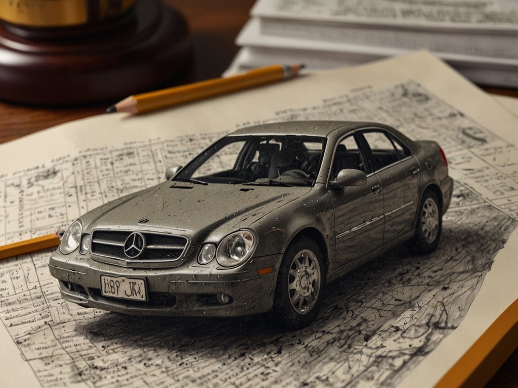 Auf dem Bild ist ein Modell eines Autos, das auf einer künstlerischen Zeichnung oder einem Dokument liegt. Diese Darstellung könnte symbolisch für Autounfälle stehen, die in einer Stadt wie Chicago passieren können. 

Wenn du als Tourist in einen Autounfall verwickelt wirst, ist es wichtig, deine Rechte zu kennen. Hier sind einige Tipps, wie du dich schützen kannst:

1. **Dokumentation**: Mache Fotos von der Unfallstelle, den Fahrzeugen und den Nummernschildern.
2. **Polizeibericht**: Melde den Unfall der Polizei und lasse einen Bericht erstellen.
3. **Versicherungsinformationen**: Tausche die Versicherungsdetails mit dem anderen Fahrer aus.
4. **Medizinische Versorgung**: Lass dich bei Verletzungen sofort medizinisch behandeln und dokumentiere alle Behandlungen.
5. **Rechtliche Hilfe**: Ziehe in Betracht, einen Anwalt hinzuzuziehen, um sicherzustellen, dass deine Rechte gewahrt bleiben.

So bist du besser vorbereitet, falls es zu einem Unfall kommen sollte.