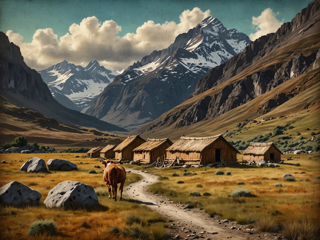 Auf dem Bild sieht man eine malerische Landschaft mit einem Weideland, einigen Hütten aus Holz mit Strohdächern und einer Kuh, die auf einem schmalen Weg entlanggeht. Diese Szene könnte typisch für die Region Aysén in Chile sein, die für ihre beeindruckenden Berglandschaften und weiten Täler bekannt ist.

Die Aysén-Region ist reich an natürlicher Schönheit, mit ihren hohen Anden, Gletschern und abgelegenen Seen. Sie ist auch Heimat traditioneller Lebensweisen, die stark von der Viehzucht und Landwirtschaft geprägt sind. Die lokale Kultur reflektiert eine enge Verbindung zur Natur, oft durch die Lebensweise der Patagonier, die in dieser Region ansässig sind. Die Bedeutung von Rinderzucht ist in der Region groß, und viele Familien leben in einfachen, rustikalen Hütten, die oft in solchen idyllischen Landschaften zu finden sind. 

Das Bild vermittelt ein Gefühl von Ruhe und Harmonie mit der Natur, was ein zentraler Aspekt des Lebens in Aysén ist.