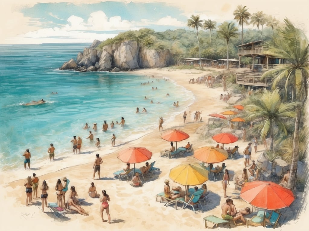 Auf dem Bild ist ein malerischer Strand mit klaren Wasser und Palmen zu sehen. Die Menschen genießen verschiedene Aktivitäten, wie Schwimmen und Sonnenbaden. Einige entspannen unter bunten Sonnenschirmen, während andere im Wasser plantschen oder an Land spazieren. Man könnte auch Sportarten wie Beachvolleyball oder Schnorcheln vermuten, die häufig an solchen Küstenorten angeboten werden. Die Atmosphäre ist entspannt und einladend, ideal für einen Tag auf einer tropischen Insel.