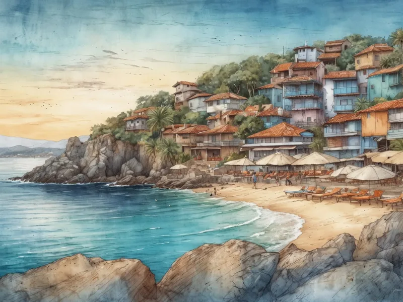 Illustration: Strandort mit terrassierten Häusern mit Ziegeldächern, Palmen und Felsenküste am türkisblauen Meer, einige Boote im Wasser, Menschen am Strand