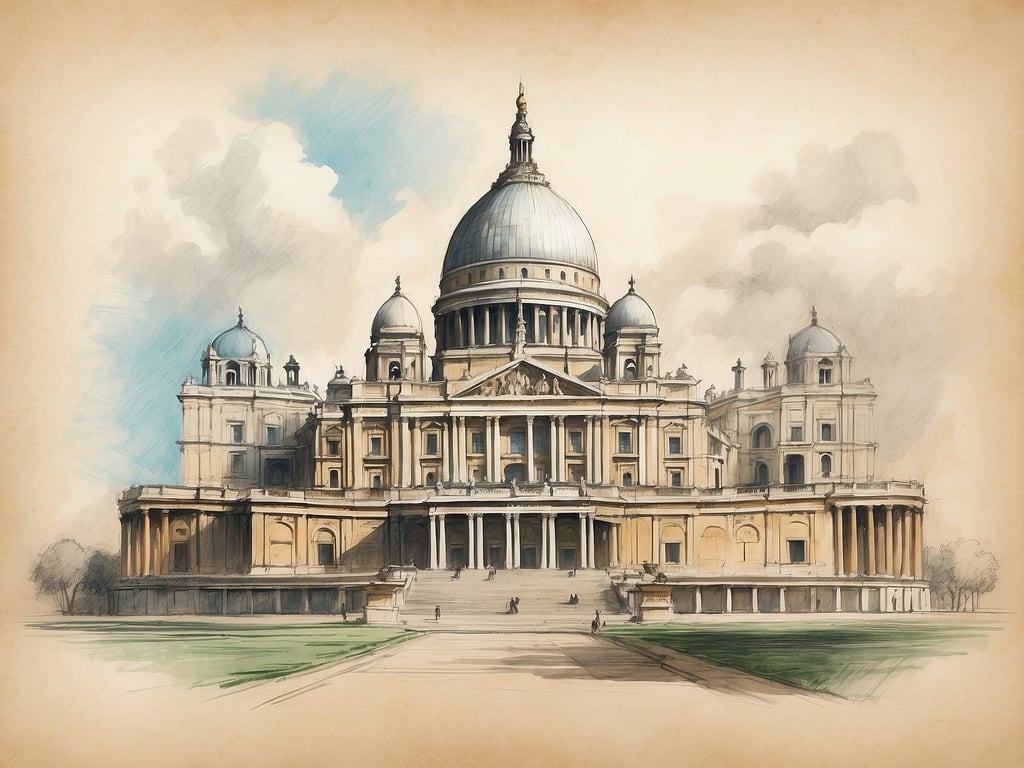 Auf dem Bild ist eine imposante Kathedrale zu sehen, die stark an die St. Paul's Cathedral in London erinnert. Diese kathedralartige Architektur zeichnet sich durch ihre große Kuppel aus, die ein zentrales Element des Barockstils ist. 

Die St. Paul's Cathedral wurde von Sir Christopher Wren entworfen und zwischen 1675 und 1710 erbaut. Sie gilt als eines der herausragendsten Bauwerke des englischen Barocks und wurde in einer Zeit konstruiert, als London nach dem Großen Brand von 1666 wieder aufgebaut wurde. 

Die Fassade kombiniert klassische Elemente wie Säulen und Pilaster mit einer monumentalen Skulptur, was dem Gebäude einen majestätischen Eindruck verleiht. Die weiten Stufen, die zur Eingangstür führen, betonen die Bedeutung des Gebäudes als religiöses und kulturelles Zentrum. 

Insgesamt spiegelt die Architektur auf dem Bild nicht nur die künstlerischen Strömungen der damaligen Zeit wider, sondern auch die Entwicklungen in der europäischen Geschichte, insbesondere in Bezug auf Religion, Macht und gesellschaftliche Strukturen.