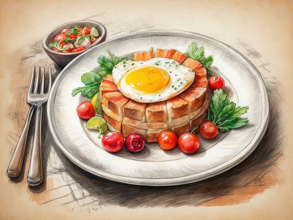 Auf dem Bild ist ein kunstvoll angerichtetes Gericht zu sehen. Es handelt sich um ein Stück Brot, das in einer quadratischen Form präsentiert wird, mittig mit einem Spiegelei belegt. Um das Brot herum sind frische Zutaten wie Kirschtomaten und Salatblätter platziert, was dem Gericht eine bunte und ansprechende Optik verleiht. Eine kleine Schale mit einem kleinen Salat rundet das Arrangement ab. Die Kombination aus herzhaften und frischen Elementen schafft ein harmonisches kulinarisches Erlebnis.