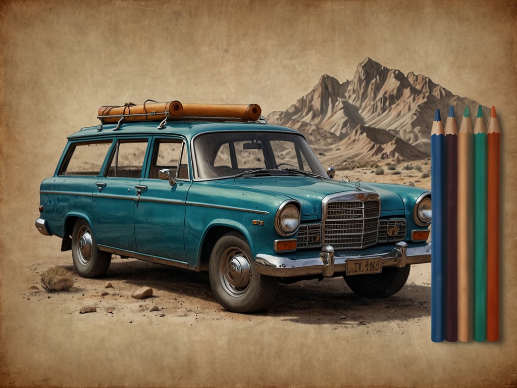 Auf dem Bild ist ein oldtimer Pickup zu sehen, der in einer Wüstenlandschaft steht. Das Auto hat eine blaue Farbe und eine Holzlatte auf dem Dach. Im Hintergrund sind Berge zu sehen, die die Landschaft prägen. Rechts sind einige Buntstifte angeordnet. Für einen Backpacker könnte dieses Bild die Vorstellung von Abenteuer und Reisen durch entlegene Gebiete wecken.